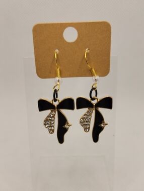 Gold-Tone Black Bow Drop Earrings with Crystal Accents
